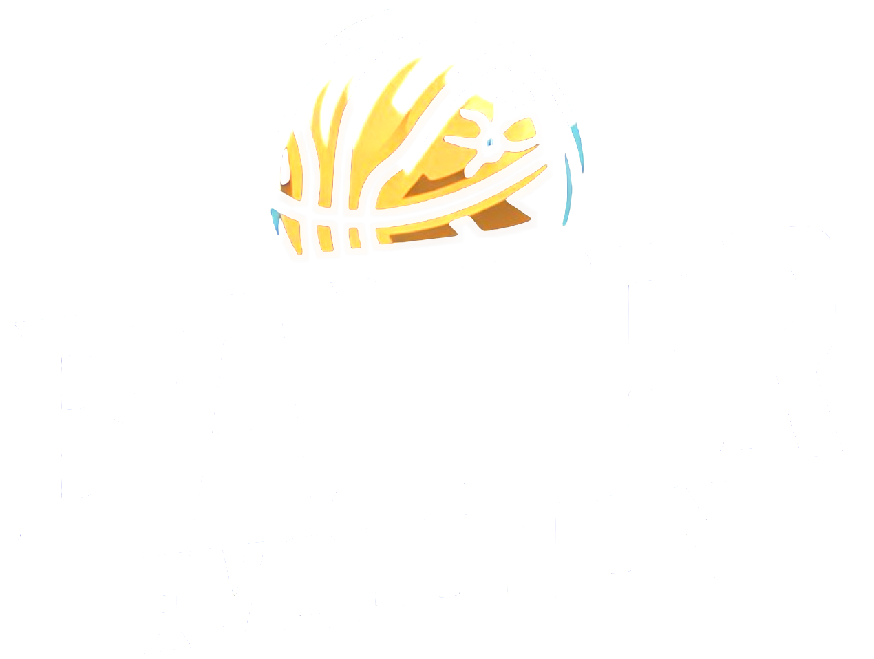 Logo with a stylized orange basketball illustrated as a helmet above the words "Baller Evolution" in bold white font.