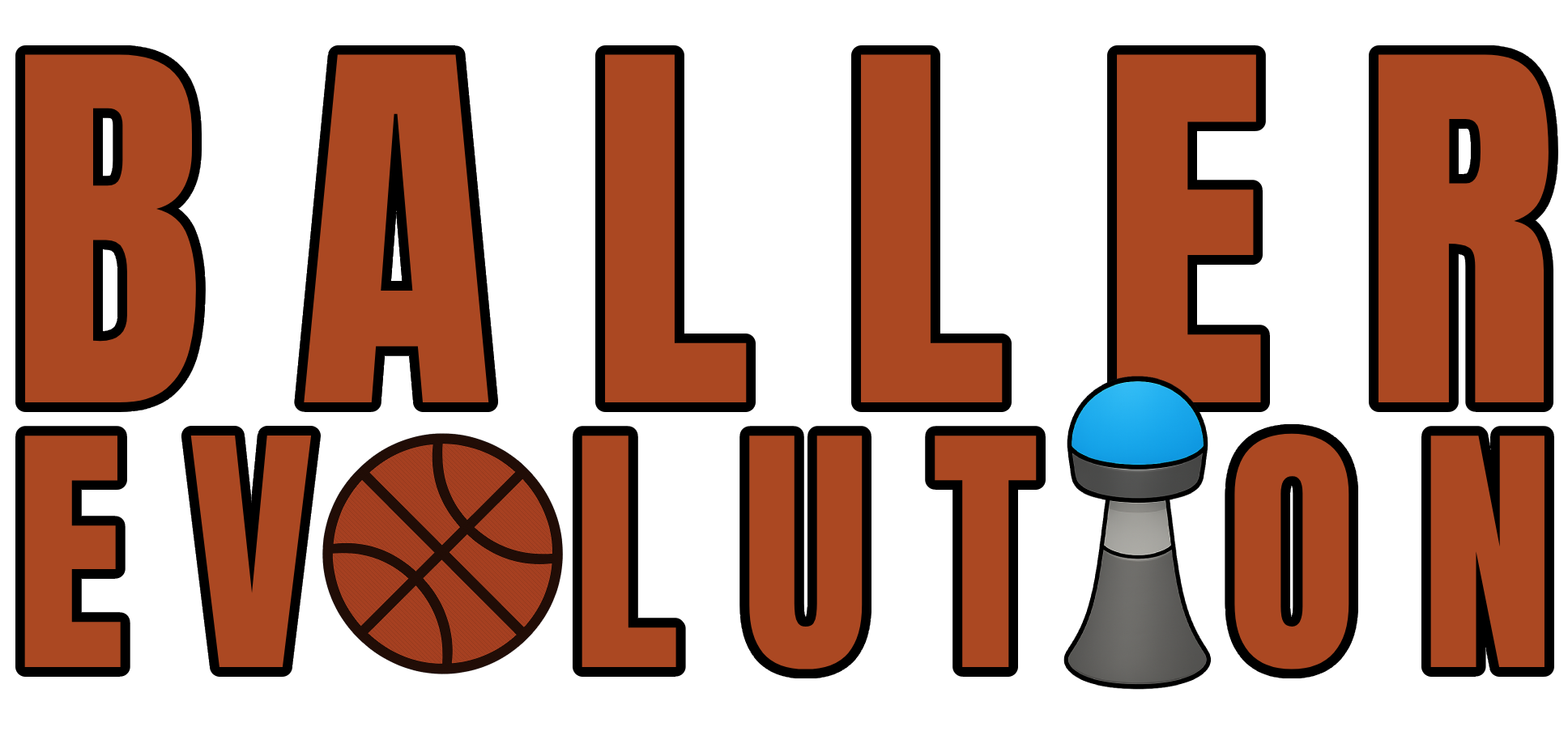 The words "BALLER EVOLUTION" in large bold letters, with a basketball replacing the "O" in "EVOLUTION" and a blue-capped pawn replacing the "I".