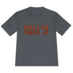 A dark gray t-shirt with "BALLER EVOLUTION" on the front; the "O" is a basketball, and the "I" is a trophy with a blue ball—perfect for youth basketball training or any Lansing Michigan basketball training session.