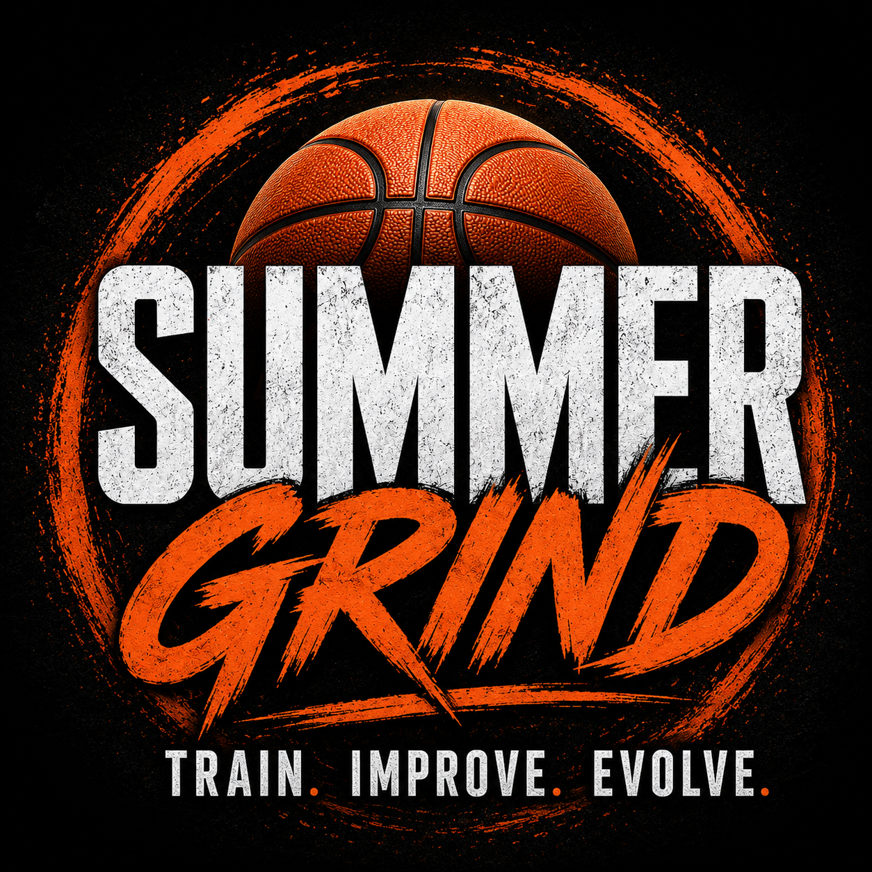 A basketball sits above bold text reading "SUMMER GRIND," with the tagline "Train. Improve. Evolve." below&mdash;all in orange and white on black&mdash;promoting our Lansing Michigan basketball clinic.