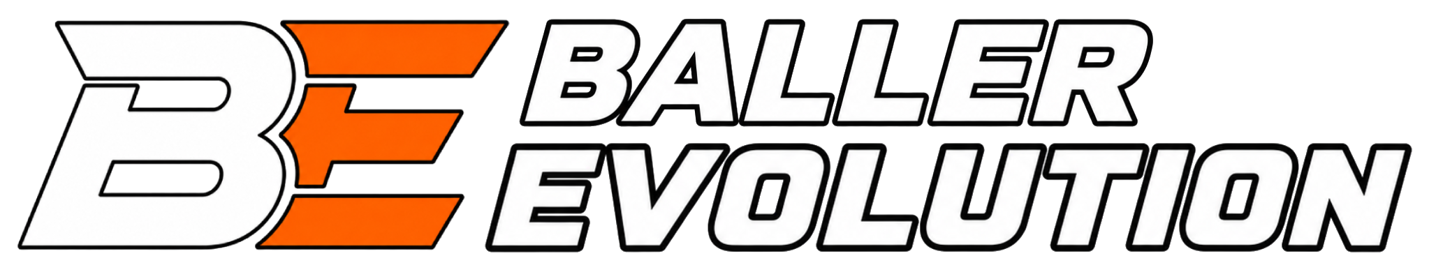 Baller Evolution Logo with large stylized letters &ldquo;BE&rdquo; in white and orange, followed by the words &ldquo;Baller Evolution&rdquo; in black outlined text.