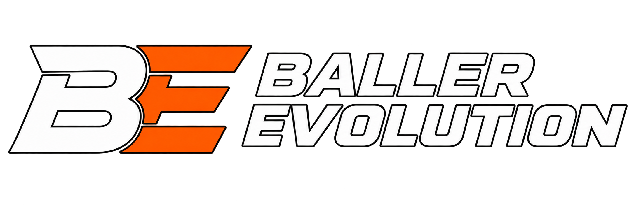 Logo with large stylized letters “BE” in orange and black, followed by the words “Baller Evolution” in outlined black text on a white background.