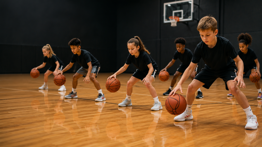 Boys and girls participating in Next Level small group basketball skill training