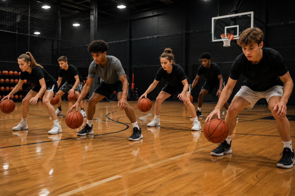 High school age boys and girls participating in Pro small group basketball skill training